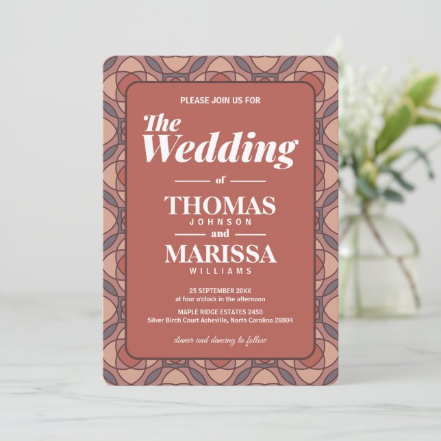 Convites Casamento Moderno Cinnamon e Marsala Art Déco QR (Em pé/Frente)