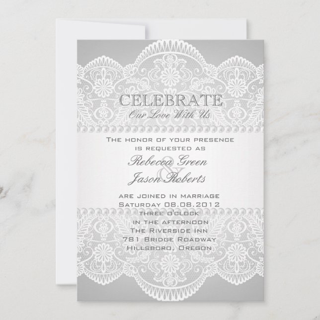 Convites casamento moderno cinza pérola renda branca vintag (Frente)