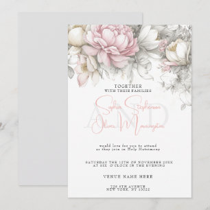 Convites Casamento Moderno Clássico Floral Marfim e Rosa