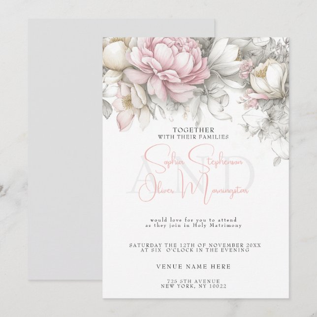 Convites Casamento | Moderno Clássico Floral Marfim e Rosa  (Frente/Verso)