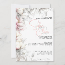 Convites Casamento | Moderno Clássico Floral Marfim e Rosa