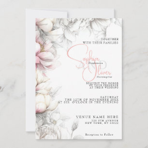Convites Casamento Moderno Clássico Floral Marfim e Rosa