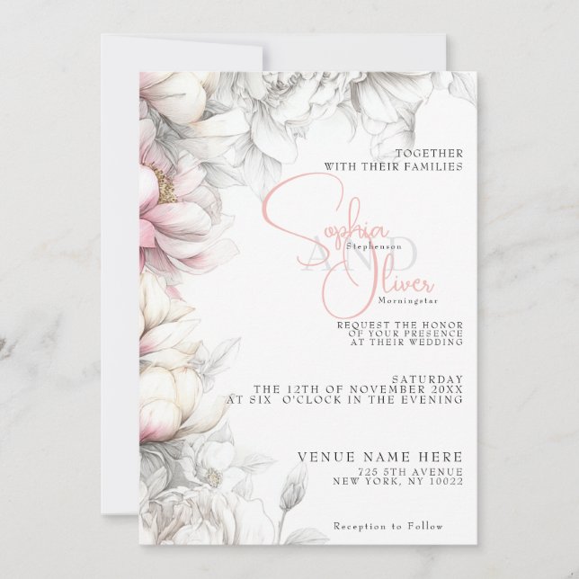 Convites Casamento | Moderno Clássico Floral Marfim e Rosa  (Frente)
