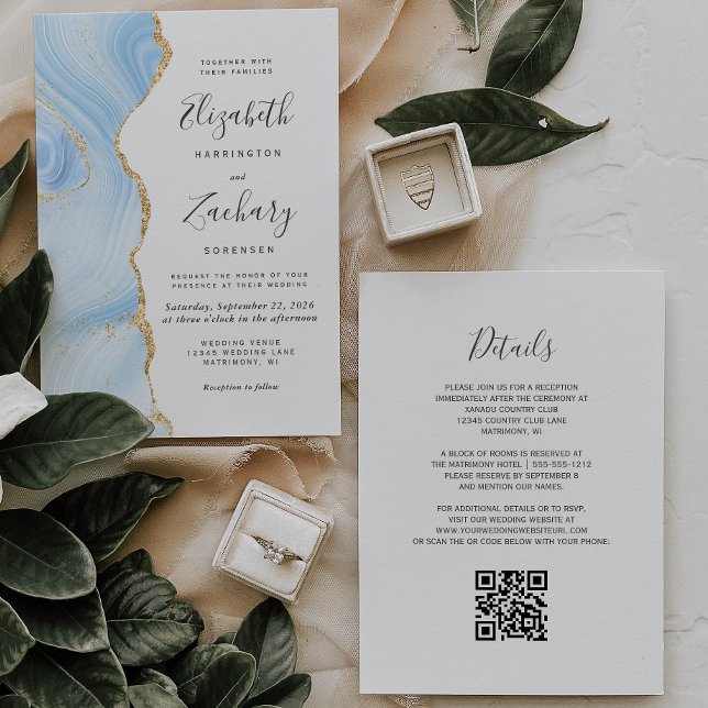 Convites Casamento Moderno Código QR Ágata Azul Bebê Dourad (Criador carregado)