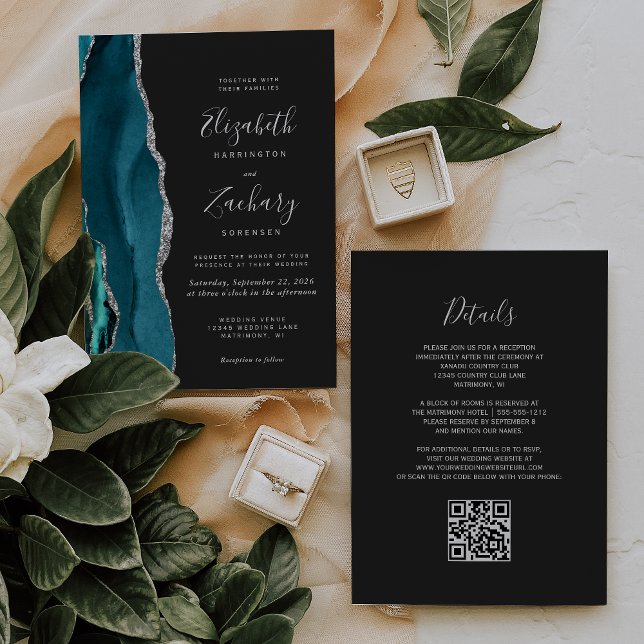 Convites Casamento Moderno Código QR Ágata Azul Escuro Prat (Criador carregado)