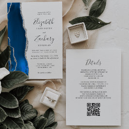Convites Casamento Moderno Código QR Ágata Azul Real Prata