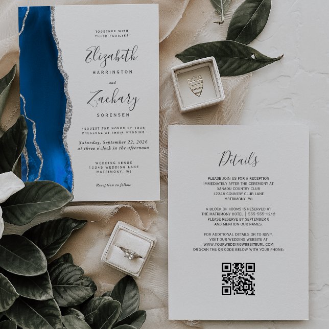 Convites Casamento Moderno Código QR Ágata Azul Real Prata (Criador carregado)
