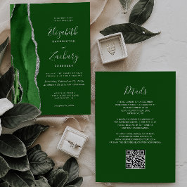 Convites Casamento Moderno Código QR Ágata Prata Verde Caça