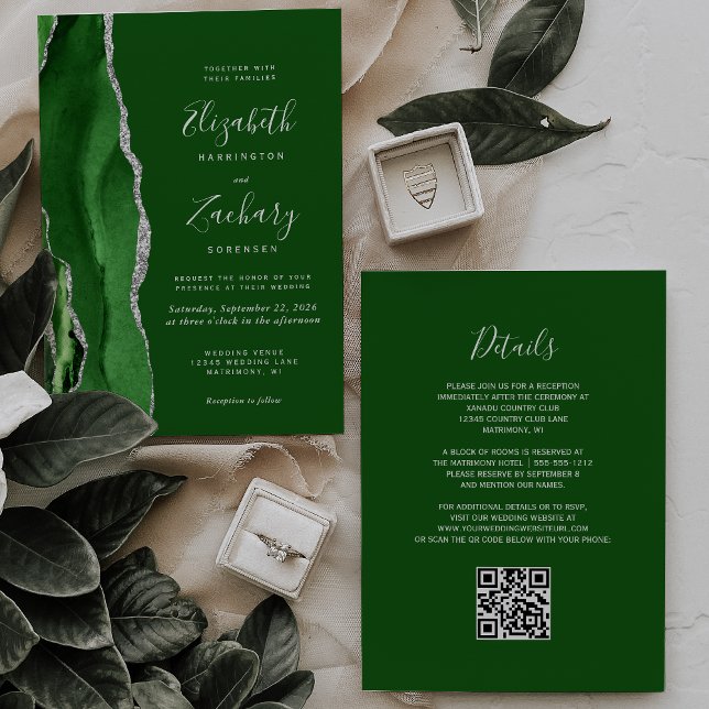 Convites Casamento Moderno Código QR Ágata Prata Verde Caça (Criador carregado)