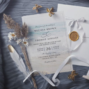 Convites Casamento Moderno Código QR Água Aquática Areia On