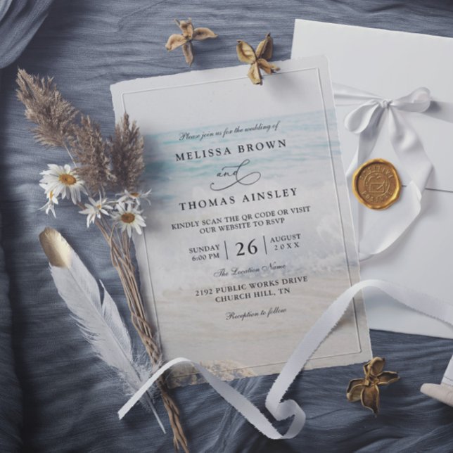 Convites Casamento Moderno Código QR Água Aquática Areia On (Criador carregado)