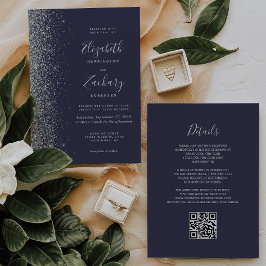 Convites Casamento Moderno Código QR Azul Escuro Brilho Pra
