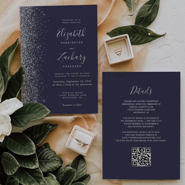 Convites Casamento Moderno Código QR Azul Escuro Brilho Pra (Criador carregado)