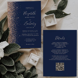 Convites Casamento Moderno Código QR Azul Naval Brilho de P