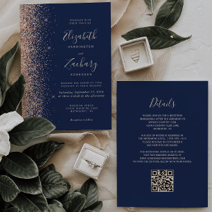 Convites Casamento Moderno Código QR Azul Naval Brilho de P