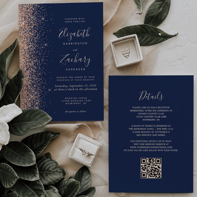 Convites Casamento Moderno Código QR Azul Naval Brilho de P (Criador carregado)