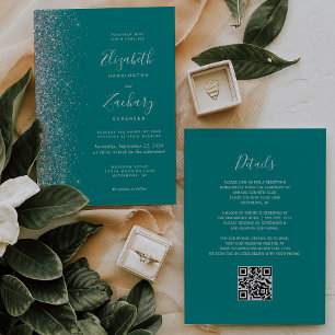 Convites Casamento Moderno Código QR Azul Teal Brilho Prata