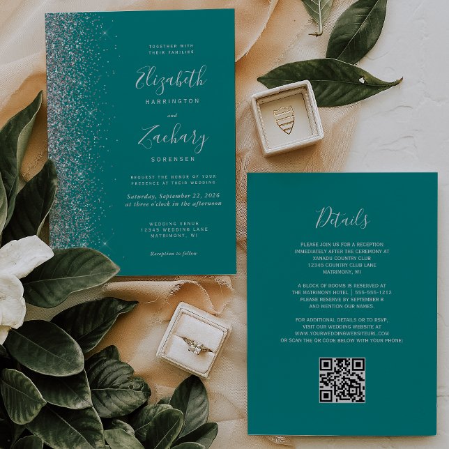 Convites Casamento Moderno Código QR Azul Teal Brilho Prata (Criador carregado)