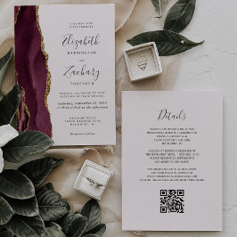 Convites Casamento Moderno Código QR Bege com Ágata em Dour