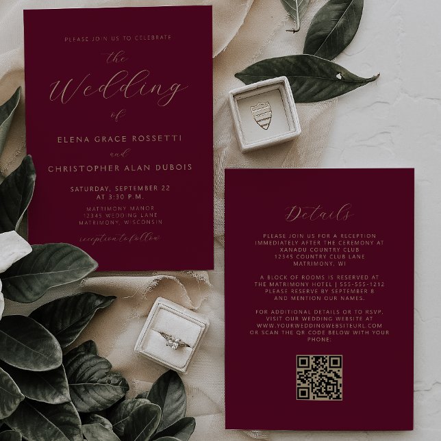 Convites Casamento Moderno Código QR Burgundy Letra Dourada (Criador carregado)
