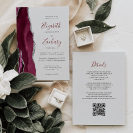 Convites Casamento Moderno Código QR Cinza Ágata Prata Borg
