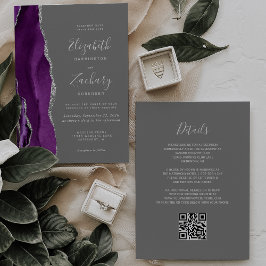 Convites Casamento Moderno Código QR Cinza Ágata Prata Roxo