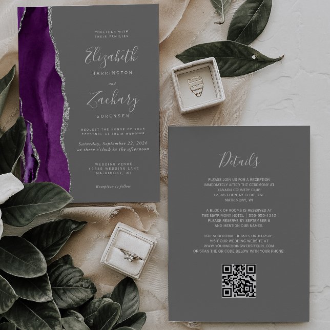 Convites Casamento Moderno Código QR Cinza Ágata Prata Roxo (Criador carregado)