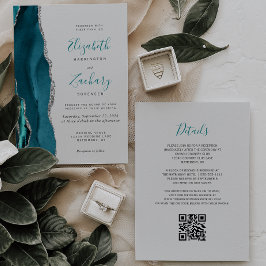 Convites Casamento Moderno Código QR Cinza Ágata Prata Verd