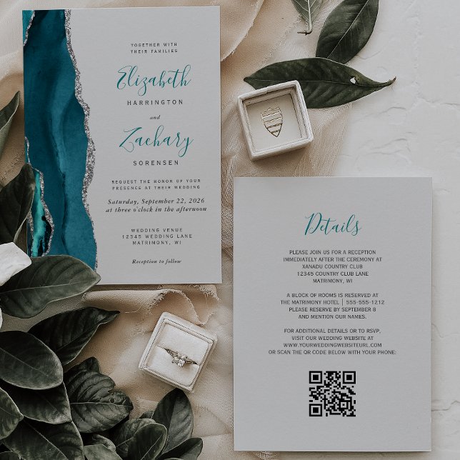Convites Casamento Moderno Código QR Cinza Ágata Prata Verd (Criador carregado)