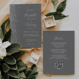 Convites Casamento Moderno Código QR Cinza Brilho Prata