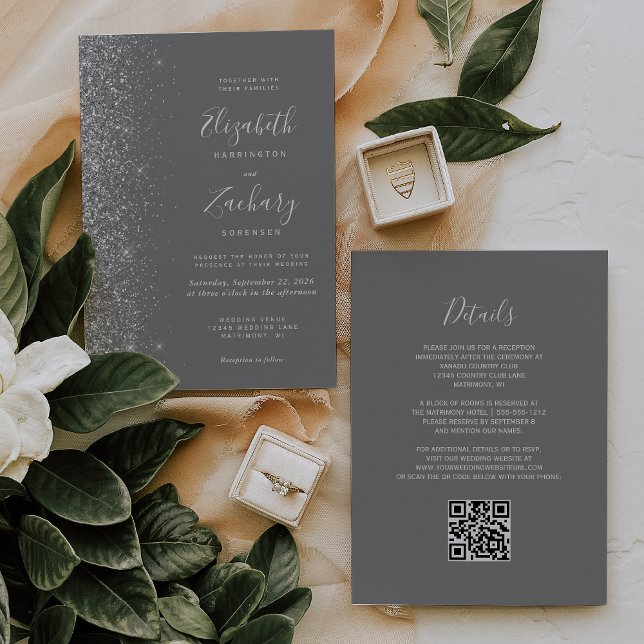 Convites Casamento Moderno Código QR Cinza Brilho Prata (Criador carregado)