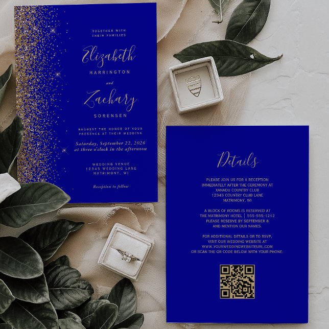 Convites Casamento Moderno Código QR com Brilho Azul Real D (Criador carregado)