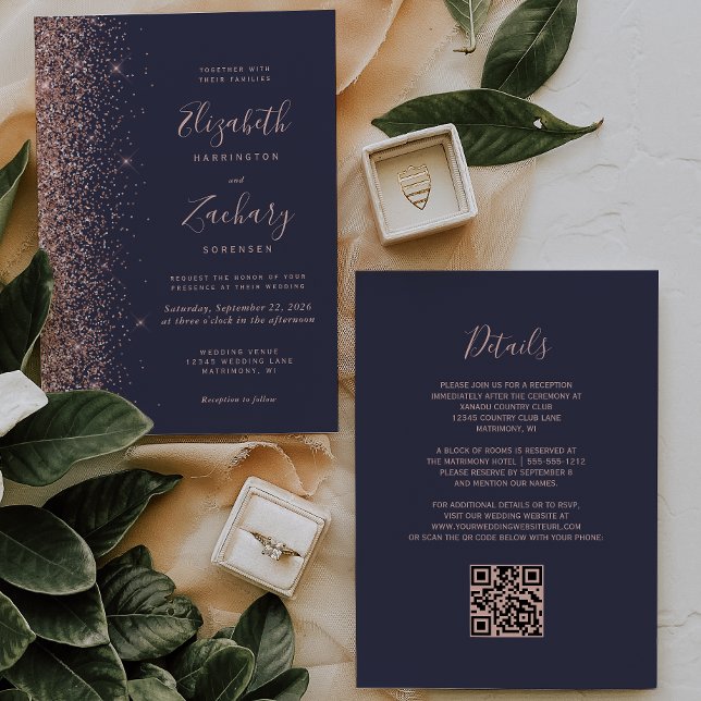 Convites Casamento Moderno Código QR com Brilho em Azul Esc (Criador carregado)
