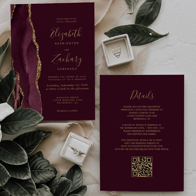 Convites Casamento Moderno Código QR em Ágata Dourada Verme (Criador carregado)