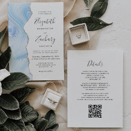 Convites Casamento Moderno Código QR em Ágata Prata Azul Be