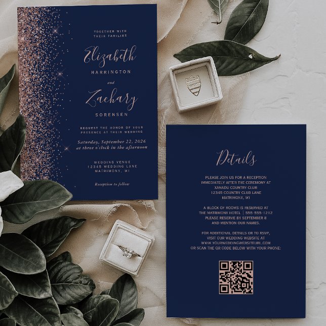 Convites Casamento Moderno Código QR em Azul Navy com Brilh (Criador carregado)