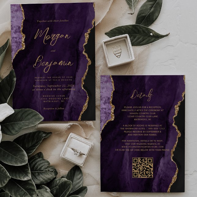 Convites Casamento Moderno Código QR em Script Ágata Roxa (Criador carregado)