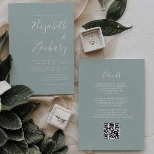Convites Casamento Moderno Código QR em Verde Vidro do Mar