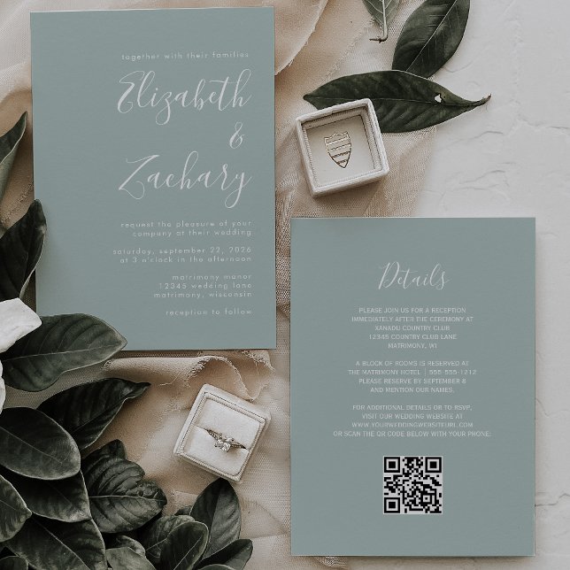 Convites Casamento Moderno Código QR em Verde Vidro do Mar (Criador carregado)