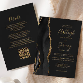 Convites Casamento Moderno Código QR Escuro Ágata Dourada P