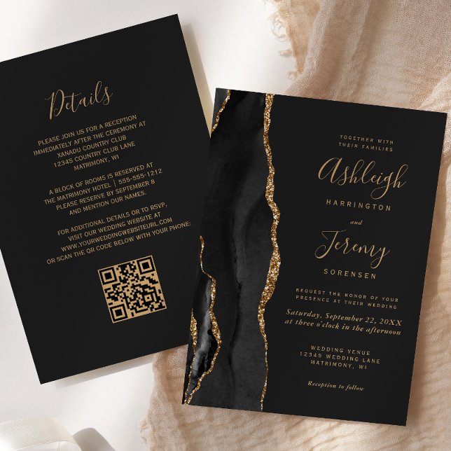 Convites Casamento Moderno Código QR Escuro Ágata Dourada P (Criador carregado)