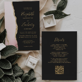 Convites Casamento Moderno Código QR Escuro Ágata Dourada R