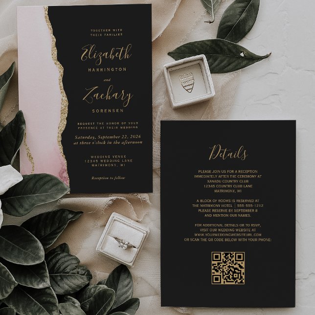 Convites Casamento Moderno Código QR Escuro Ágata Dourada R (Criador carregado)