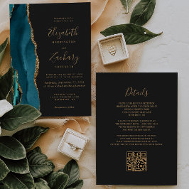 Convites Casamento Moderno Código QR Escuro Ágata Dourada V