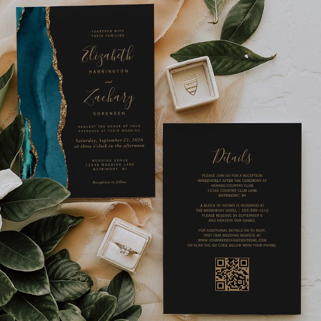 Convites Casamento Moderno Código QR Escuro Ágata Dourada V (Criador carregado)