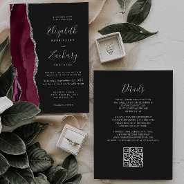 Convites Casamento Moderno Código QR Escuro em Ágata Prata