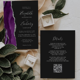 Convites Casamento Moderno Código QR Escuro em Prata e Ágat