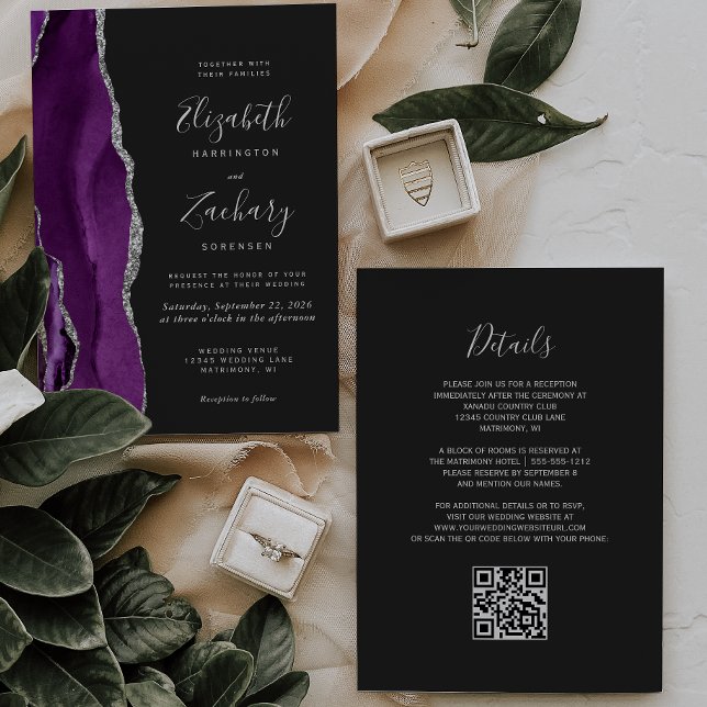 Convites Casamento Moderno Código QR Escuro em Prata e Ágat (Criador carregado)