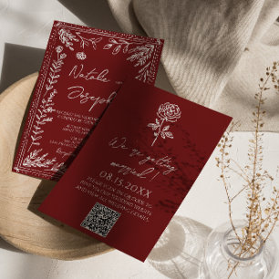 Convites Casamento Moderno Código QR Floral Azul Vermelho E