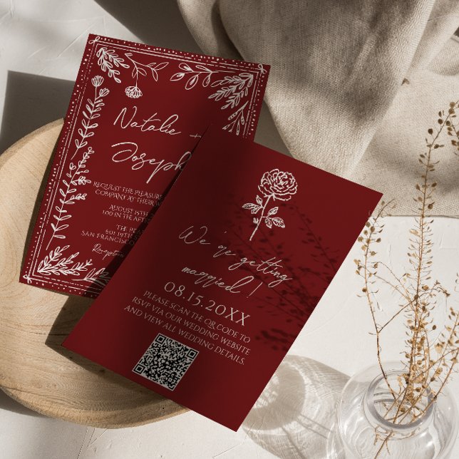 Convites Casamento Moderno Código QR Floral Azul Vermelho E (Criador carregado)